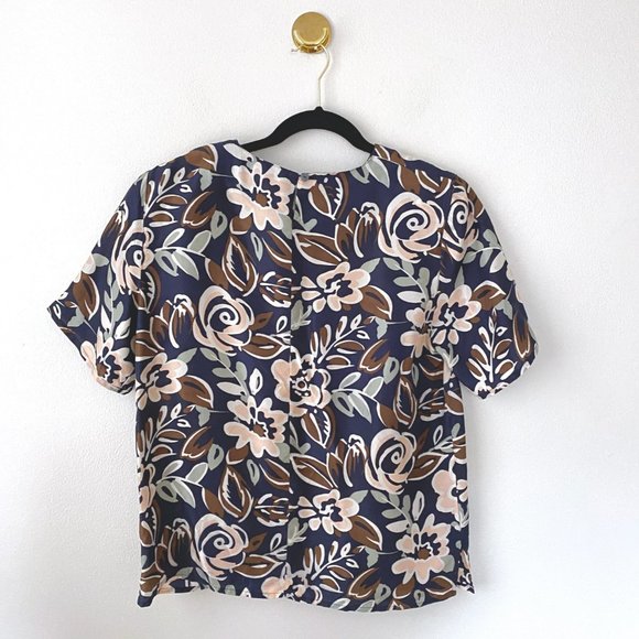 Vintage Silk Floral Short Sleeve Blouse Navy - Picture 7 of 8
